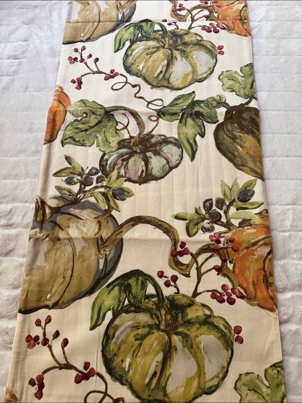 Pottery Barn Autumn Pumpkin Table Runner - Cream with Green and Orange NWOT
